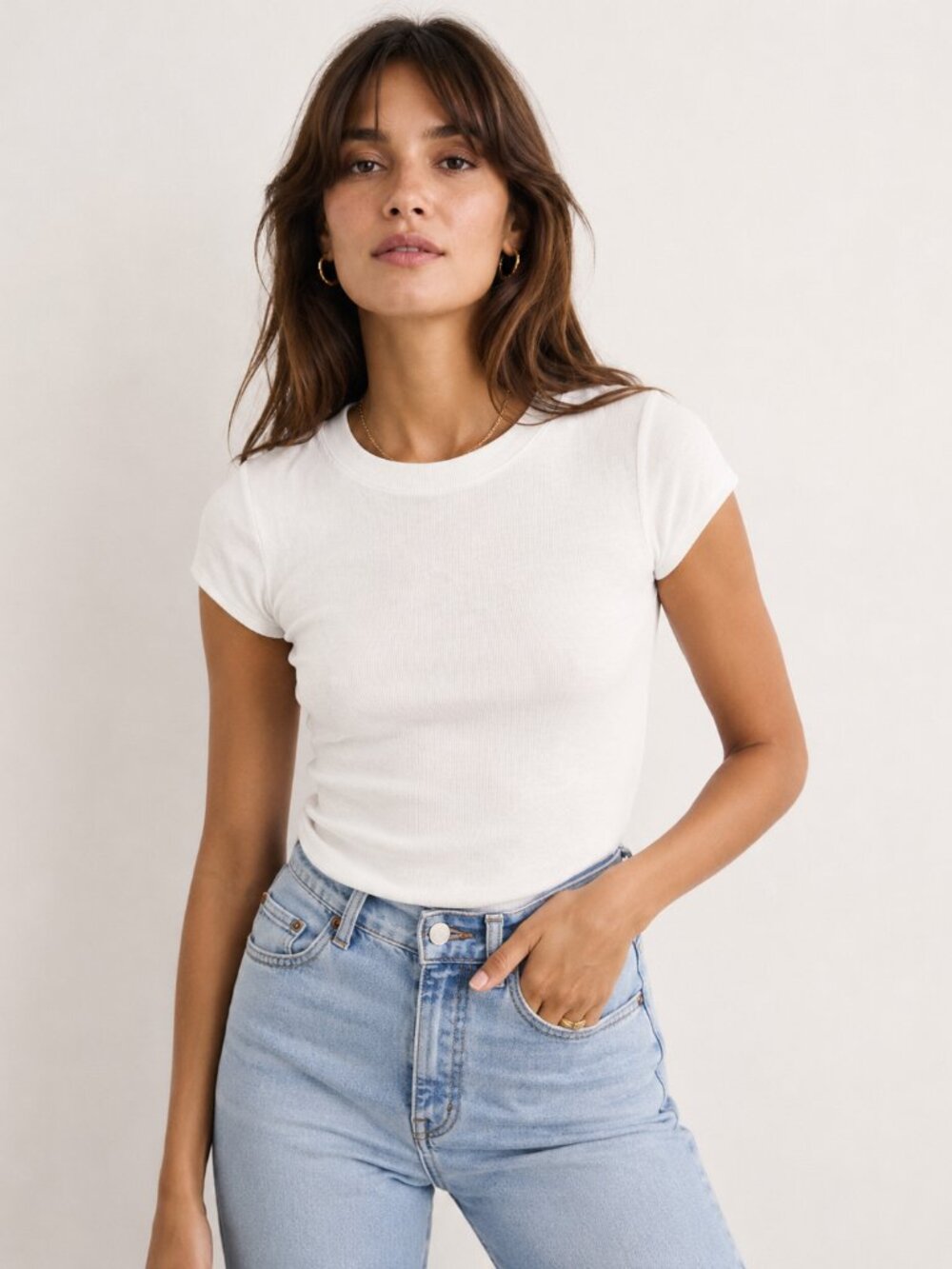 Sézane White Ribbed Fitted Tee NWOT Organic Cotton Crewneck Small S251TSH043E